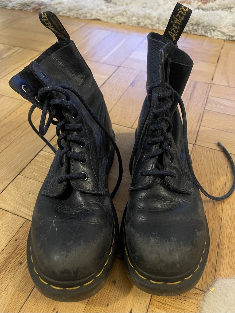 Dr. Martens dark navy Leather Lace-Up Boots with Yellow/gold Stitching
